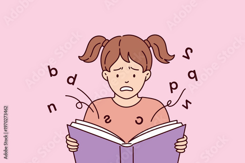 Young girl with dyslexia trying to read as letters fly away and get confused. Illustration of visual processing disorder and difficulties with literacy in childhood.