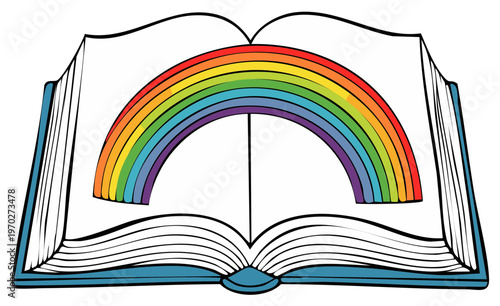 Open Book with Colorful Rainbow Arc, Illustration of Knowledge and Imagination