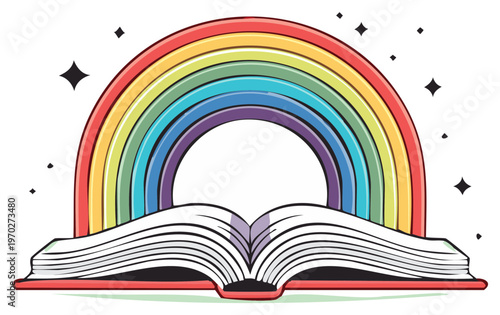 Open book with multicolored rainbow and stars, symbol of knowledge and magical stories, illustration perfect for children's education and fantasy themed designs