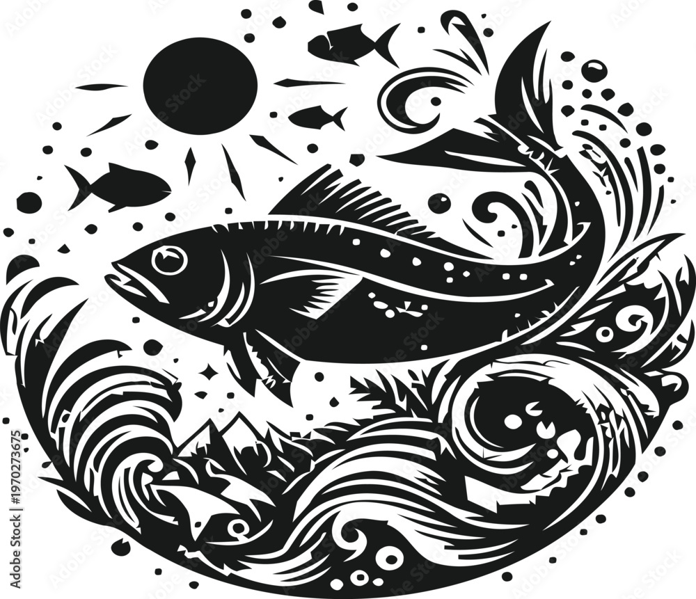 Fototapeta premium A stylized black and white illustration of a large fish swimming amidst swirling ocean waves.