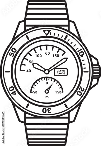 Premium Black and White Vector Icon of a Dive Watch with Depth Gauge for Scuba Diving Gear, Underwater Exploration, Technical Diving Equipment, Professional Diving Logs, Marine Science