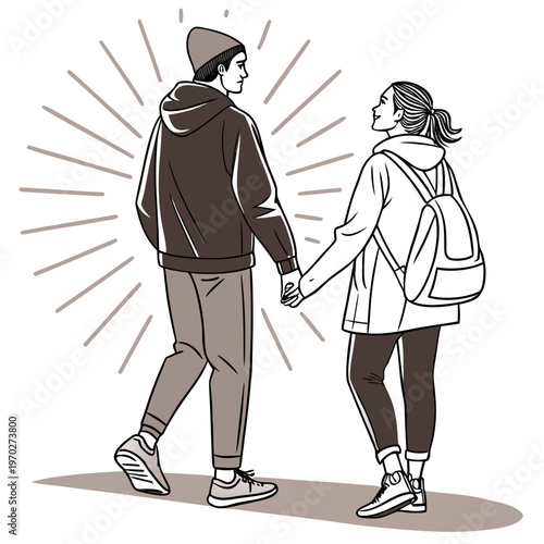 A couple walks hand in hand viewed from behind with radiating lines suggesting movement and a hopeful future together