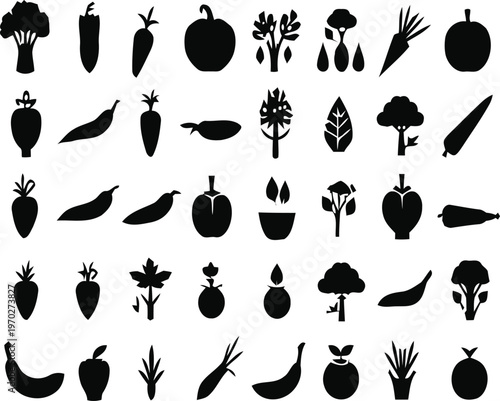 A collection of various vegetable and fruit silhouettes arranged in a grid pattern on white background