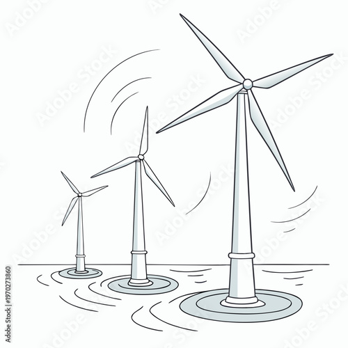 A simplistic illustration depicts three wind turbines positioned in water showcasing renewable energy and sustainable power generation high quality professional