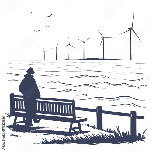 A solitary figure sits on a bench overlooking a seascape dotted with wind turbines under a sky with birds