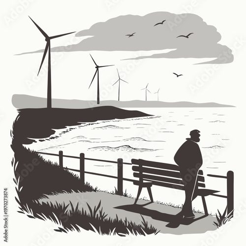 A solitary figure contemplates the seascape with wind turbines and birds in a monochromatic illustrative style high quality professional detailed
