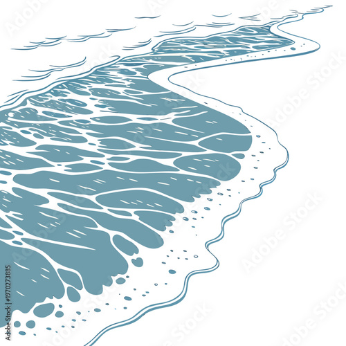 An artistic depiction of a curving shoreline with detailed waves washing onto a sandy beach rendered in cool calming tones