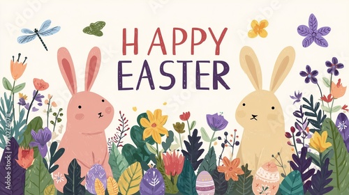 Cute Cartoon Easter Bunny Illustration with Pink and Beige Rabbits in Spring Garden