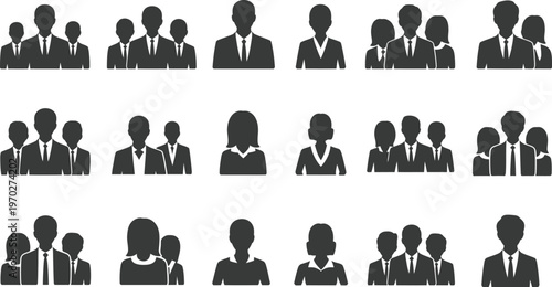 Black silhouette diverse people hanging figures, community connection concept, unity and teamwork symbolism, social network representation, human chain abstract design.