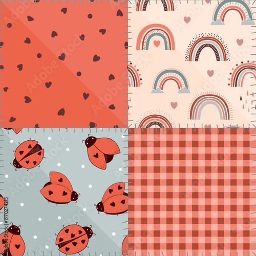 Seamless patchwork pattern with kawaii ladybugs, hearts, polka dot, gingham, and stylized sews. Vector illustration