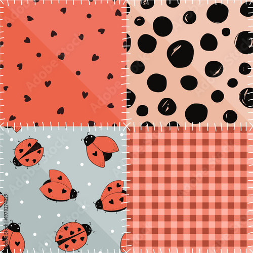 Seamless patchwork pattern with kawaii ladybugs, hearts, polka dot, gingham, and stylized sews. Vector illustration.