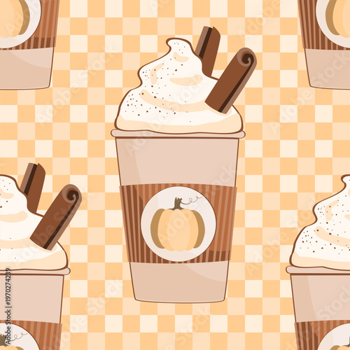 Pumpkin spice latte seamless pattern on orange gingham background. To go mug of coffee with whipped cream vector illustration.
