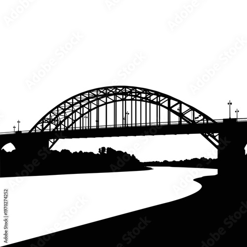 Silhouette of a large steel arch bridge spanning a wide river with trees.