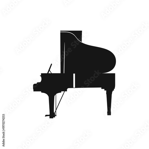 Elegant black grand piano silhouette on a white background, musical instrument.