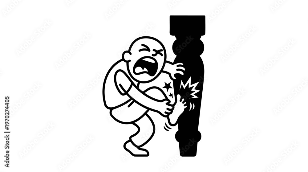 Obraz premium Minimalist Furniture Leg with Stubbed Toe Cartoon Line Art, Monochrome Vector Illustration of Painful Slapstick Humor
