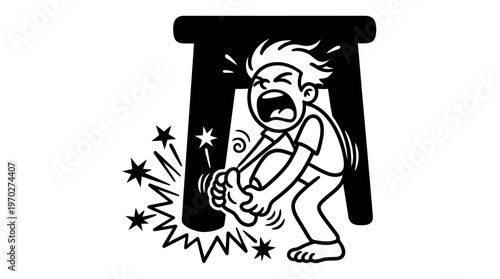 Minimalist Furniture Leg with Stubbed Toe Cartoon Line Art, Monochrome Vector Illustration of Painful Slapstick Humor
