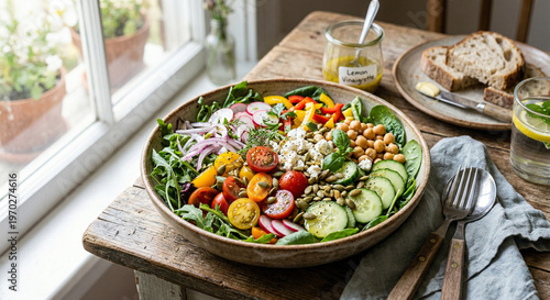 Title: A vibrant and nutritious multi-ingredient mixed salad with chickpeas and feta on a rustic wooden table.