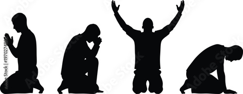 Cad drawing flat vector illustration of man silhouettes kneeling in prayer and worship on white background for religious spiritual design.
