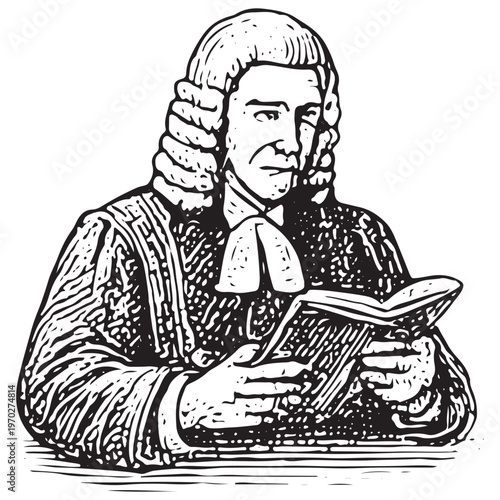 Judge Reading Law Book for Legal Study, Court Decision and Judicial Knowledge System