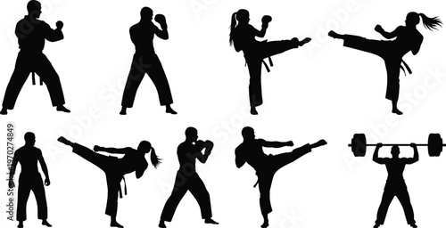 Cad drawing flat vector illustration of martial arts silhouettes including karate kicking boxing and weightlifting for sports and fitness design.
