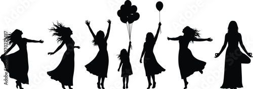 Cad drawing flat vector illustration of happy women and child silhouettes celebrating with balloons jumping and dancing in summer dresses.