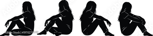 Cad drawing flat vector illustration of young woman silhouettes sitting on the floor in casual clothes on a white background.