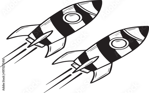 Black and white rocket ships, vector illustration, space travel icons, flying rockets