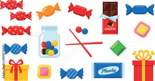 Colorful candy sweets vector illustration set with chocolates, wrapped candies, lollipops, gift boxes and sugary treats collection isolated design