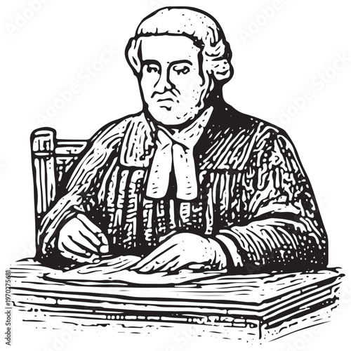 Court Judge at Bench for Legal Decision, Trial Process and Judicial System Concept