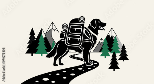 Adventure Dog Hiking in Mountains with Backpack Illustration.