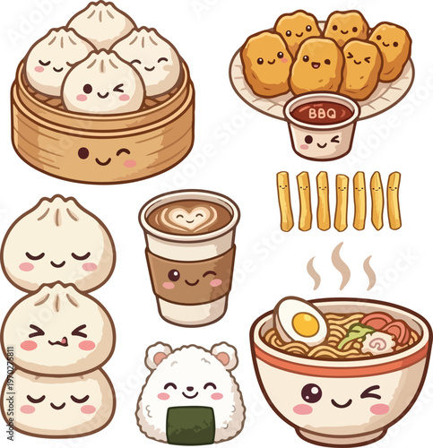 Cute Kawaii Dim Sum and Ramen Illustration Set with Adorable Food Characters
A playful kawaii-style illustration featuring adorable dim sum, dumplings, ramen, and snack elements with smiling faces.