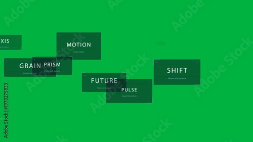 HUD scene showing labels causing dotted paths forming row of MOTION and GRAIN panels sliding right