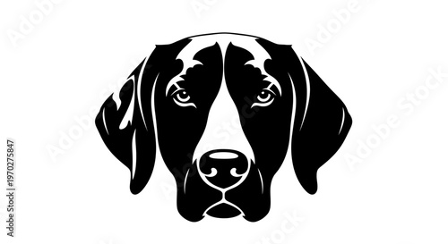 Black and white graphic illustration of a dogs head.