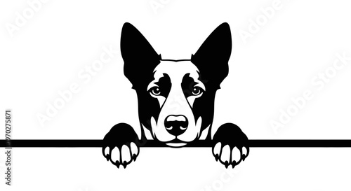 Black and white illustration of a dog peeking over a horizontal line.