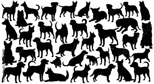 Collection of various dog breeds in silhouette form.