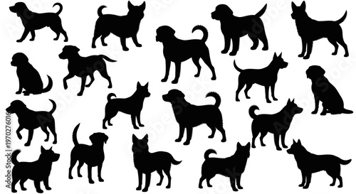 Diverse collection of dog silhouettes showcasing various breeds and playful poses.