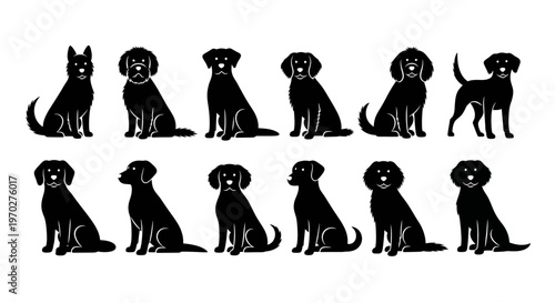 Collection of various dog breeds in silhouette form sitting on a white background.