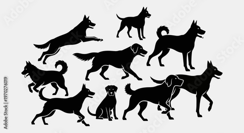 Collection of various dog breeds in silhouette form, showcasing different poses and sizes.