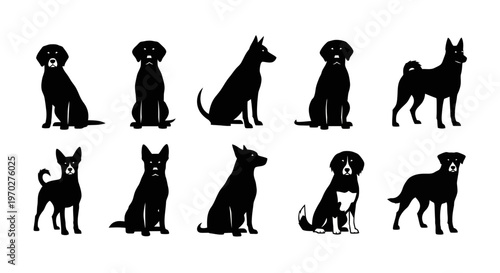 Diverse collection of dog silhouettes showcasing various breeds and poses.