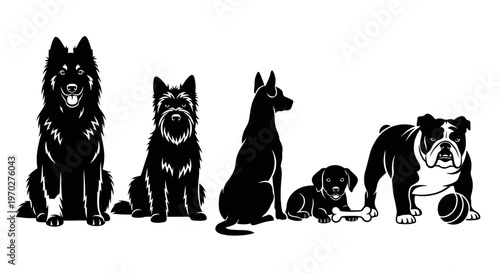 Diverse dog breeds in black and white silhouette illustration.