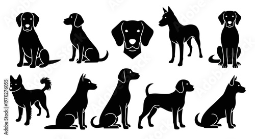Collection of various dog breeds in silhouette, showcasing different poses and characteristics.