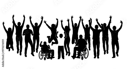 Diverse group of people celebrating with arms raised and jumping.