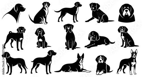 Collection of various dog breeds in silhouette, showcasing different poses and profiles.