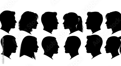 Diverse group of people silhouettes facing each other.