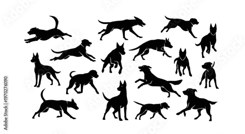 Collection of various dog breeds in silhouette, showcasing different poses and sizes.