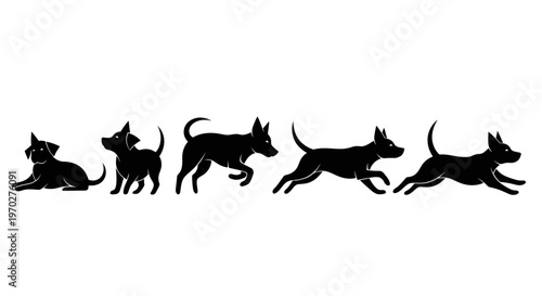 Black dog silhouettes depicting various stages of movement and action.