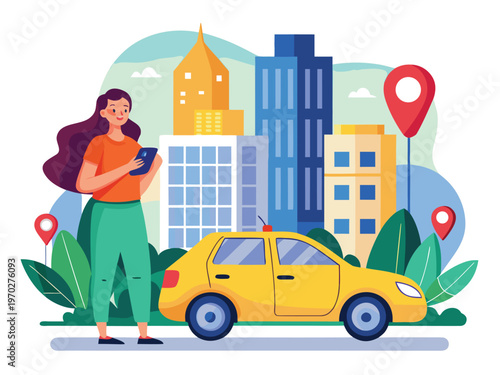 Woman using a mobile app while standing next to a yellow taxi in a city setting