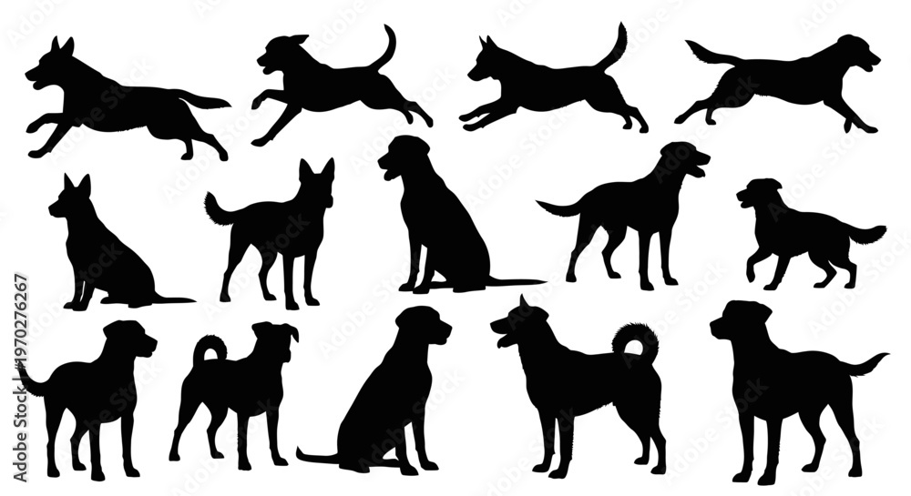 Fototapeta premium Collection of various dog silhouettes in different poses.