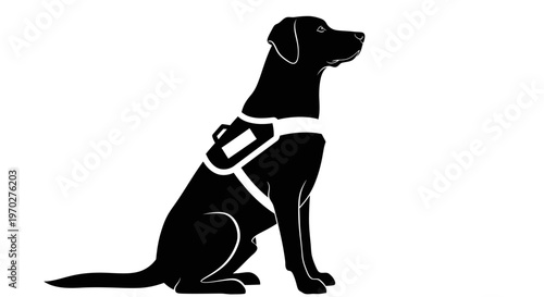Black silhouette of a service dog sitting patiently, wearing a harness, against a clean white background.