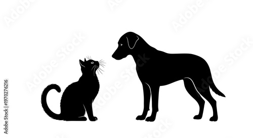 Black silhouettes of a cat and a dog facing each other on a white background.